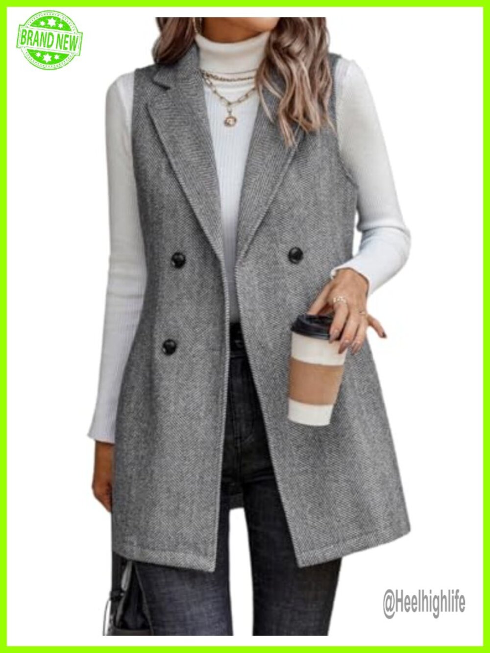 Long Sleeveless Wool Vest Double Breasted Lapel Fall Winter Coat
